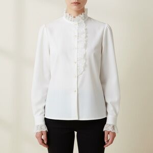LADY HOLIDAY | Vintage White High Neck Ruffle Detail Button Down Blouse Sz L